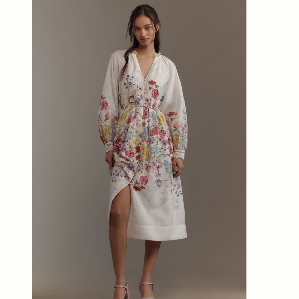 Anthropologie White Floral Midi Dress with Long Sleeves
